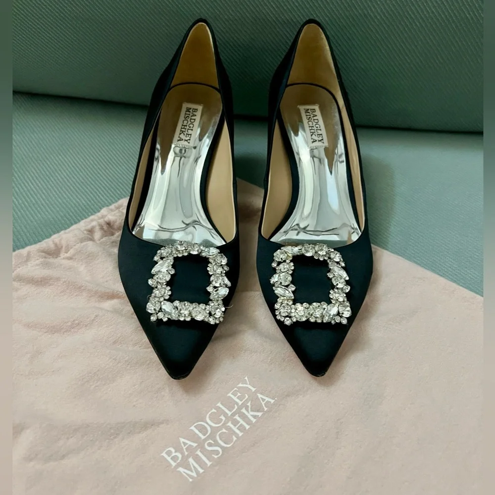 Badgley Mischka Black Satin Pointed Toe Heels with Crystal Buckles - Picture 3 of 7
